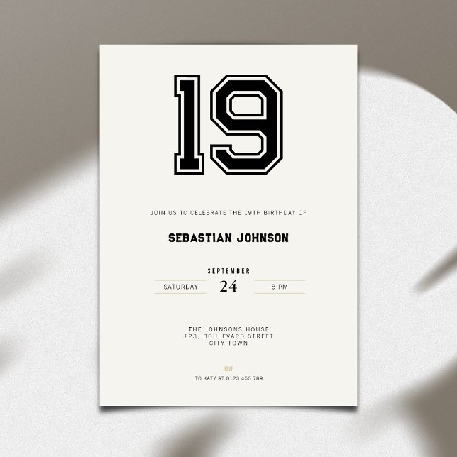 Invitación Cumpleaños 19 - Estilo Deportivo Minima (19th birthday invitation simple sport design for young adults)