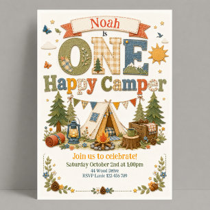 Invitación Cumpleaños 1 año Woodland One Happy Camper