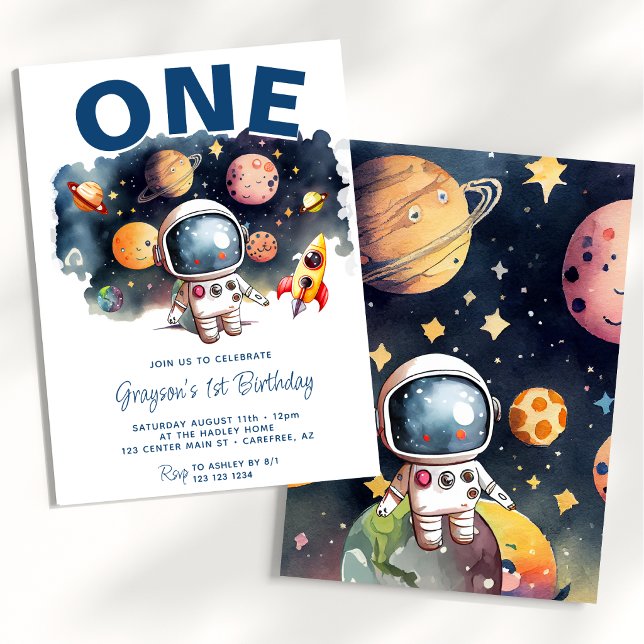 Invitación Cumpleaños 1 Astronauta Espacio Exterior Planetas  (Subido por el creador)