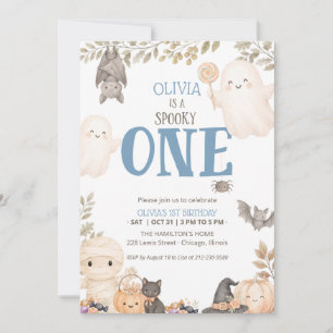 Invitación Cumpleaños 1 azul boho espeluznante fantasma lindo