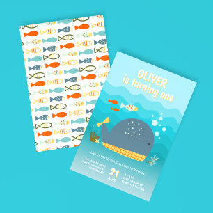 Invitación Cumpleaños 1 Bajo El Mar Ballena Pez