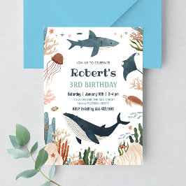 Invitación Cumpleaños 1 Bajo el Mar Ballena Tortuga Tiburón