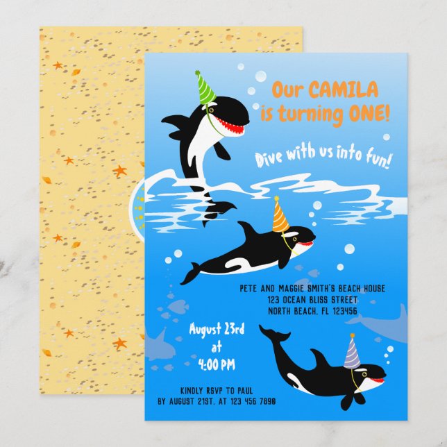 Invitación cumpleaños 1 bajo el mar orca ballena niña (Anverso / Reverso)