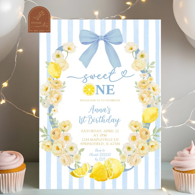 Invitación Cumpleaños 1 Blue Bow Floral Lemon Sweet One (Subido por el creador)