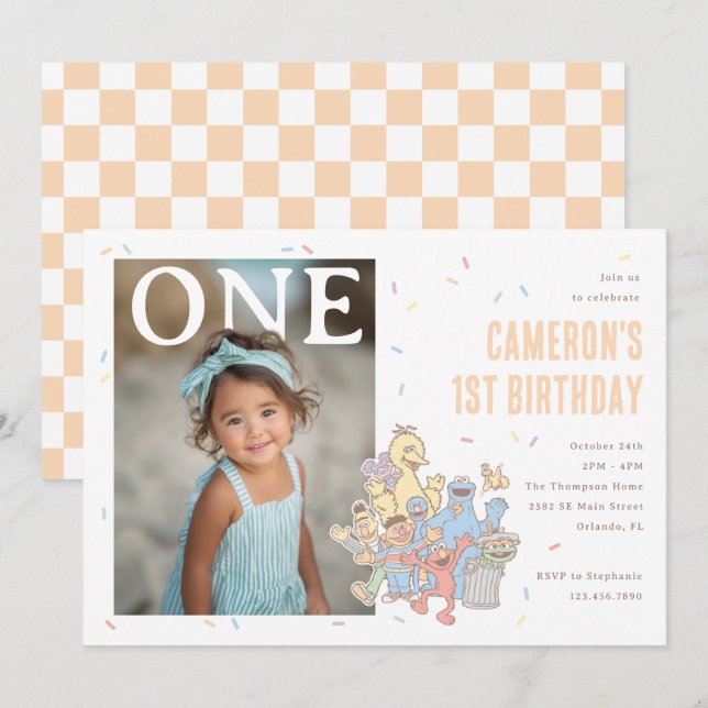 Invitación Cumpleaños 1 Calle Sésamo Confeti de Naranja Paste (Anverso / Reverso)