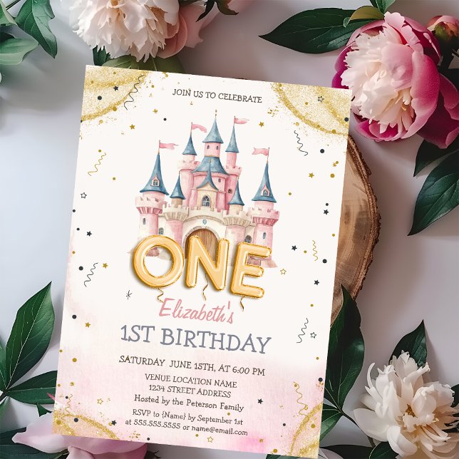 Invitación Cumpleaños 1 Castillo de Princesa Confeti Acuarela (Subido por el creador)