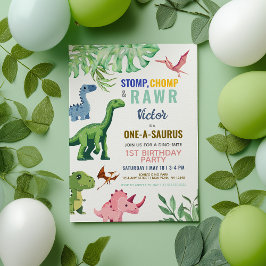 Invitación Cumpleaños 1 colorido lindo de dinosaurio