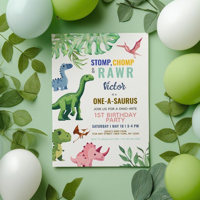 Invitación Cumpleaños 1 colorido lindo de dinosaurio (Subido por el creador)