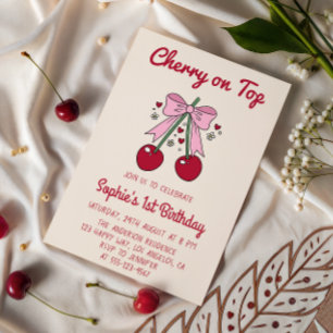 Invitación Cumpleaños 1 con Cereza y Lazo Rosa Adorable