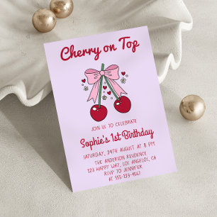 Invitación Cumpleaños 1 con Cereza y Lazo Rosa Lavanda