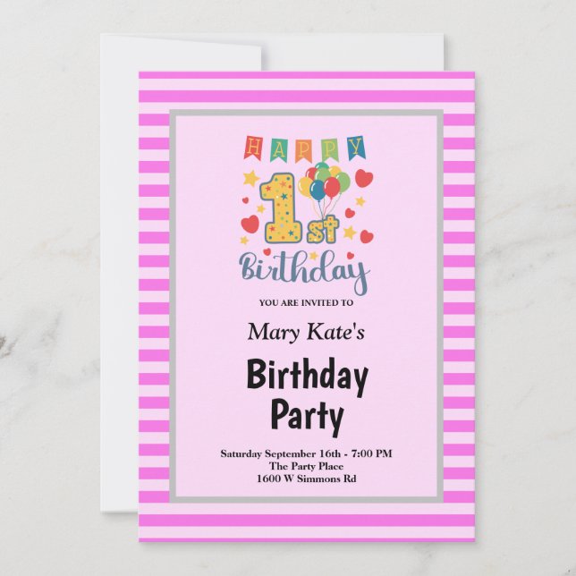 Invitación Cumpleaños 1 con rayas rosadas enmarcado (Anverso)