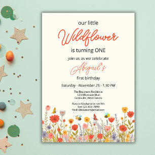 Invitación Cumpleaños 1 de Abeja Flor Silvestre Pequeña y Div