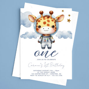 Invitación Cumpleaños 1 de Astronauta Jirafa Bebé