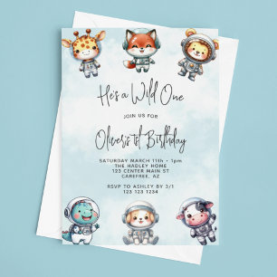 Invitación Cumpleaños 1 de Astronautas Animales Bebés Salvaje