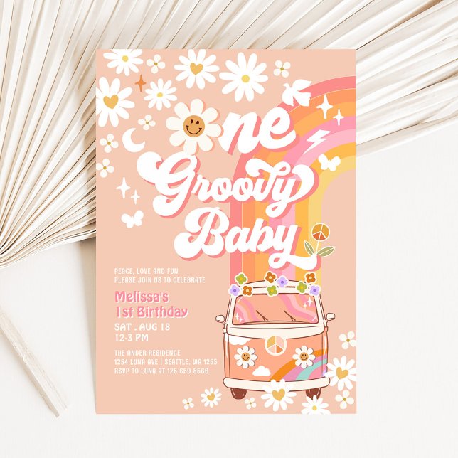 Invitación Cumpleaños 1 de Bebé Hippie Groovy Van Daisy (Subido por el creador)
