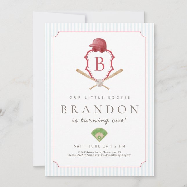 Invitación Cumpleaños 1 de béisbol rojo con cresta preppy (Anverso)