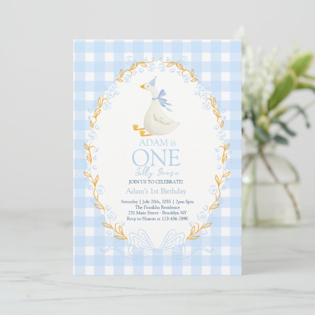 Invitación Cumpleaños 1 de Blue One Silly Goose (Anverso de pie)