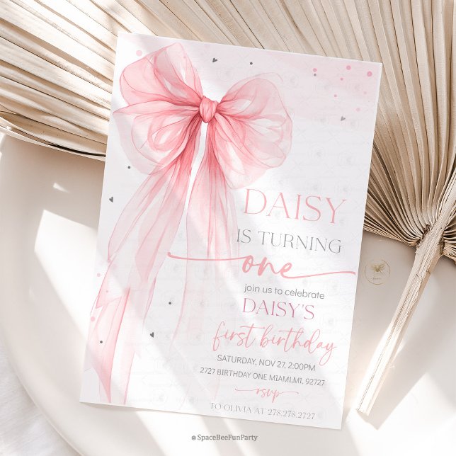 Invitación Cumpleaños 1 de Bow Coquette Rosa  (Bow Coquette Birthday Invitation )