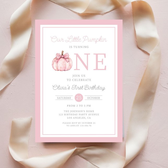 Invitación Cumpleaños 1 de Calabacita Rosa Adorable (Cute Pink Little Pumpkin 1st Birthday Invitation)