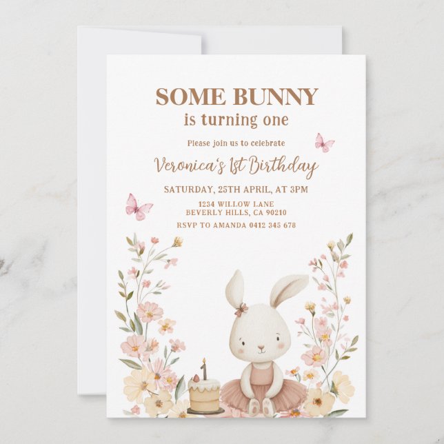 Invitación Cumpleaños 1 de conejito Bunny lindo de primavera  (Anverso)