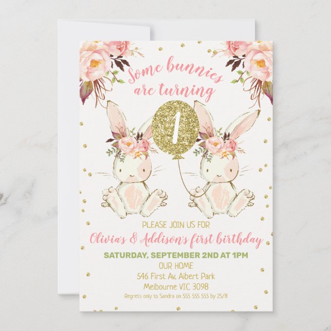 Invitación Cumpleaños 1 de conejito floral rosa dorado para g (Anverso)