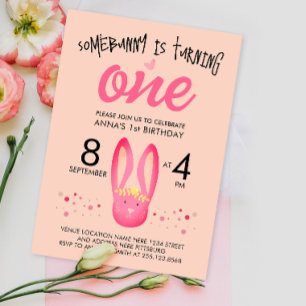 Invitación Cumpleaños 1 de conejito rosa pastel adorable niña