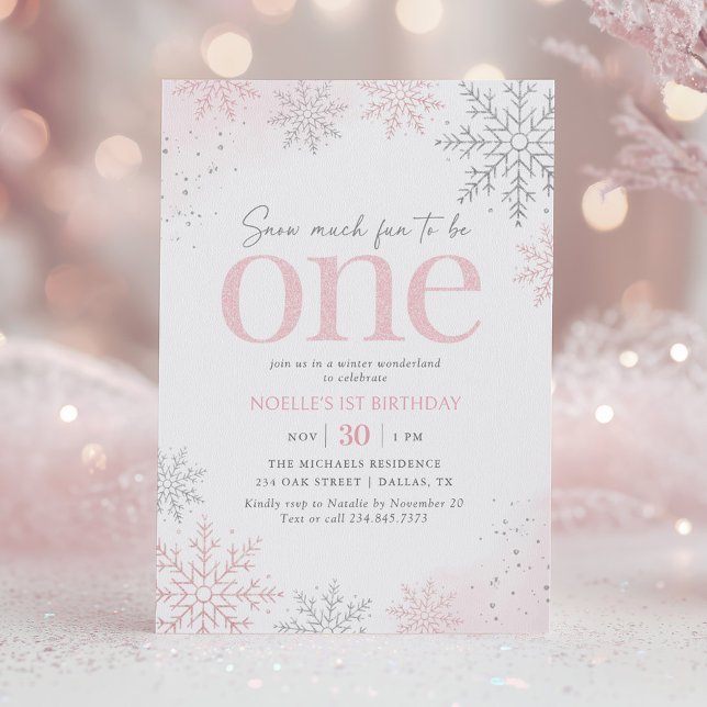 Invitación Cumpleaños 1 de Copo de Nieve con Brillo Rosa (Subido por el creador)