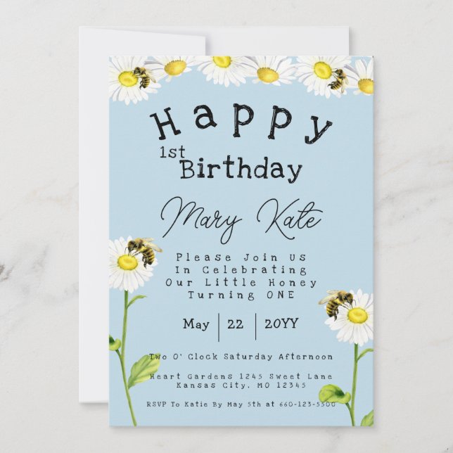 Invitación Cumpleaños 1 de Daisy Flores Abeja de Miel (Anverso)