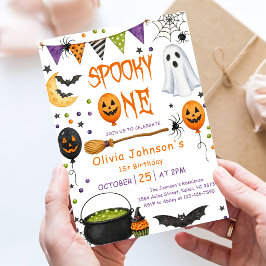 Invitación Cumpleaños 1 de Fantasma de Halloween Rosa Uno Esp
