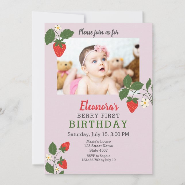 Invitación Cumpleaños 1 de Foto de Fresa (Anverso)