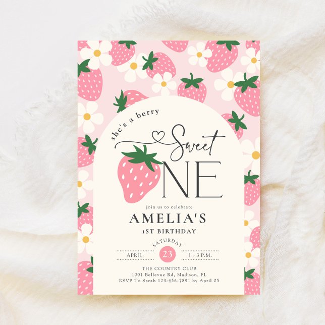 Invitación Cumpleaños 1 de Fresa Dulce Uno Rosa (Subido por el creador)
