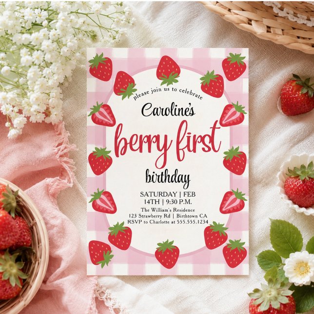Invitación Cumpleaños 1 de Fresa Fiesta de Bayas (Strawberry 1st Birthday Party Berry Invitation)