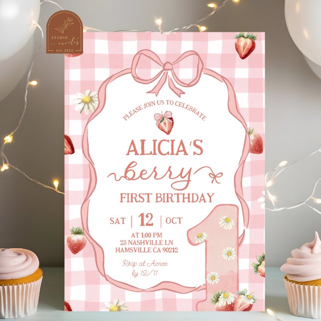 Invitación Cumpleaños 1 de Fresa Roja Daisy Coquette Berry (Subido por el creador)