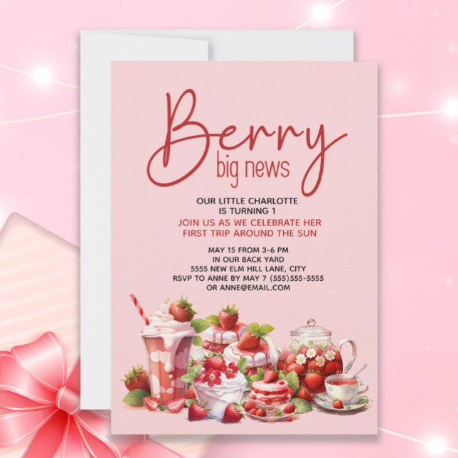 Invitación Cumpleaños 1 de Fresa Rosa Roja ("Berry Big News" Strawberry 1st birthday party invitation for little girls)