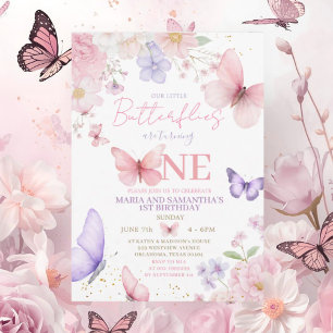 Invitación Cumpleaños 1 de gemelas mariposa linda rosa púrpur