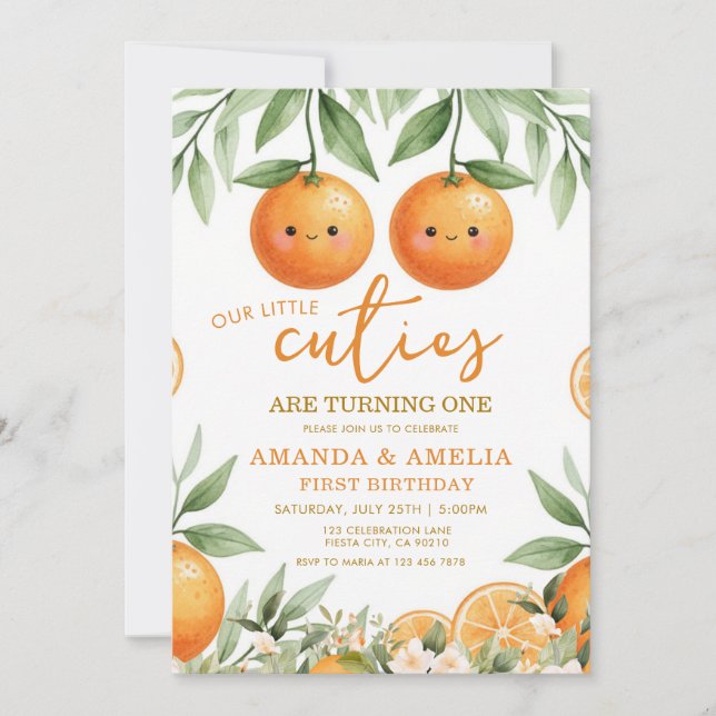 Invitación Cumpleaños 1 de gemelos pequeños adorables con veg (Anverso)