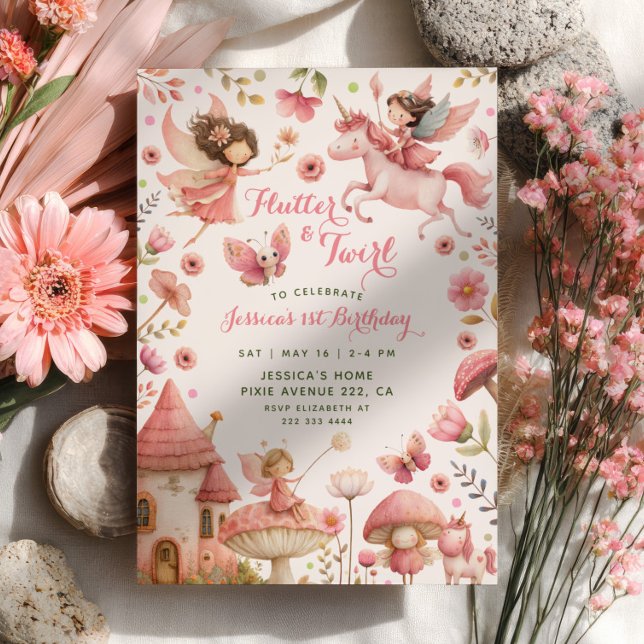 Invitación Cumpleaños 1 de Hada Unicornio Flutter & Twirl  (Subido por el creador)