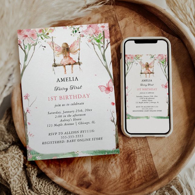 Invitación Cumpleaños 1 de hadas acuarela floral niñas (Subido por el creador)