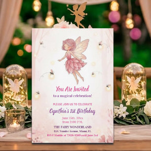 Invitación Cumpleaños 1 de hadas del bosque rosa luciérnagas