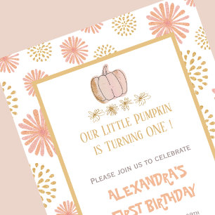 Invitación Cumpleaños 1 de Halloween Floral Calabaza Rosa Dor