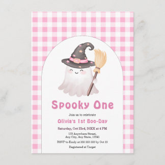Invitación Cumpleaños 1 de Halloween Gingham Rosa Lindo Espel