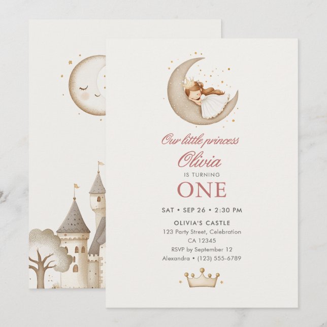 Invitación Cumpleaños 1 de la princesa niña cuento de hadas a (Anverso / Reverso)