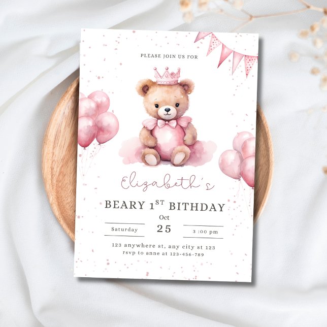 Invitación Cumpleaños 1 de la Princesa Osito Beary Rosa Niñas (Subido por el creador)