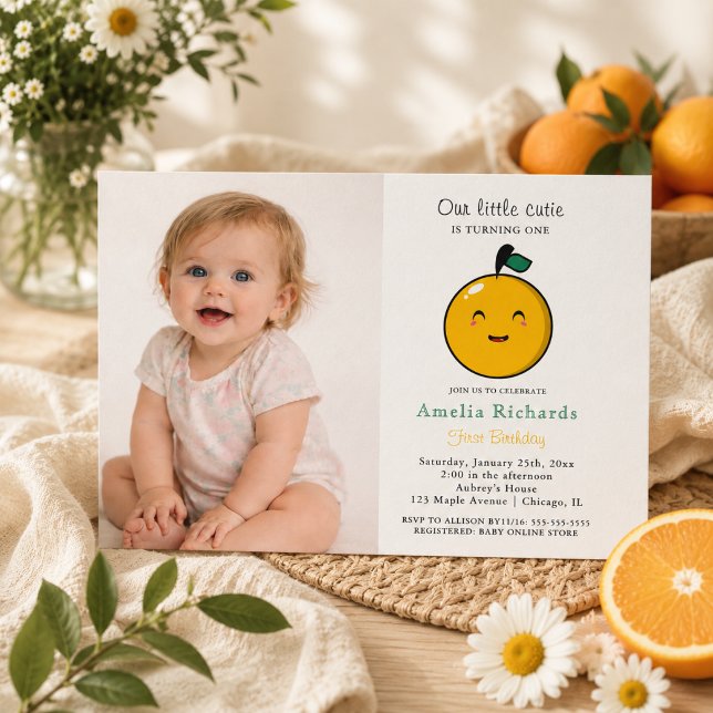 Invitación Cumpleaños 1 de Little Cutie Naranja Cítrico (Little Cutie Orange Citrus 1st Birthday Invitation)