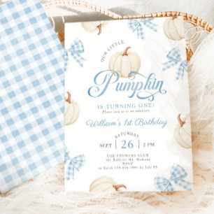Invitación Cumpleaños 1 de Little Pumpkin Blue Bows Gingham B