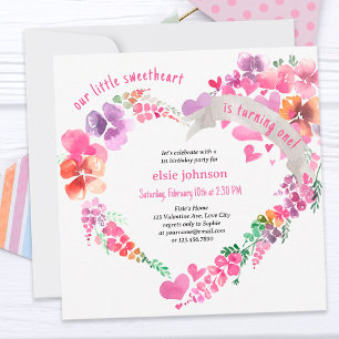 Invitación Cumpleaños 1 de Little Sweetheart Floral Heart Gir