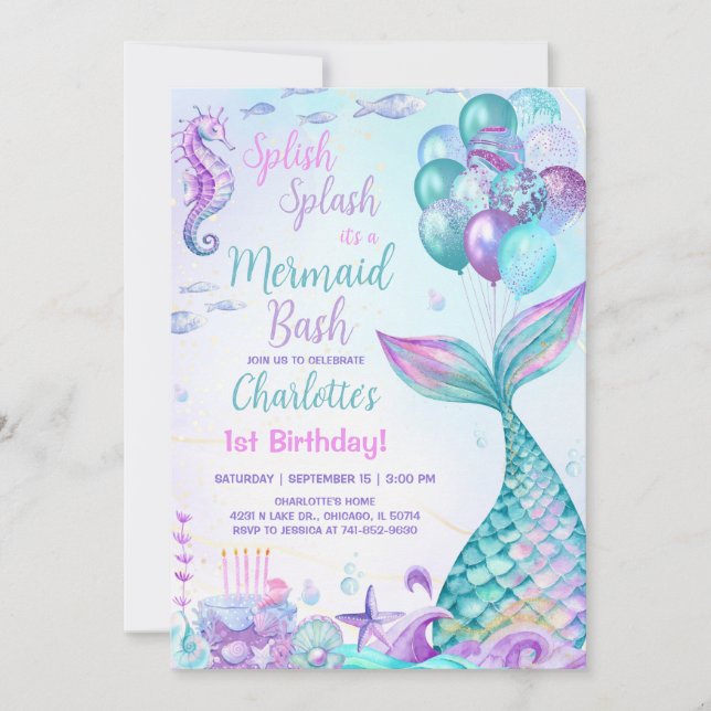 Invitación Cumpleaños 1 de Mermaid Bash (Anverso)