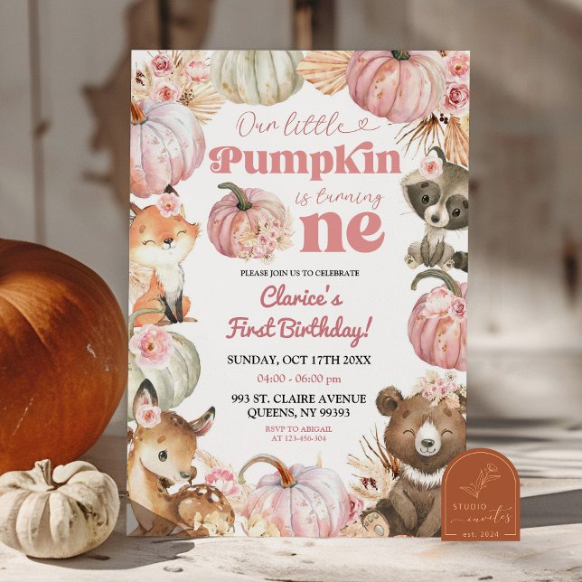 Invitación Cumpleaños 1 de niña boho rosa bosque con calabaza (Subido por el creador)
