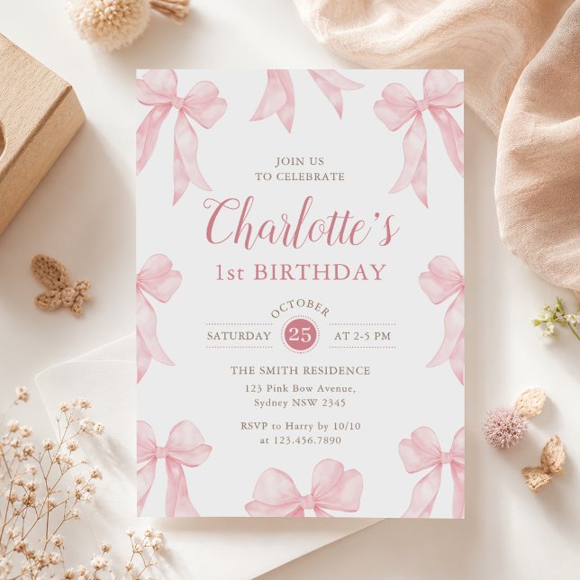 Invitación Cumpleaños 1 de niña con lazo rosa (Subido por el creador)