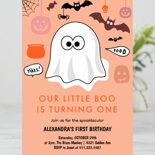Invitación Cumpleaños 1 de niña fantasma naranja Halloween